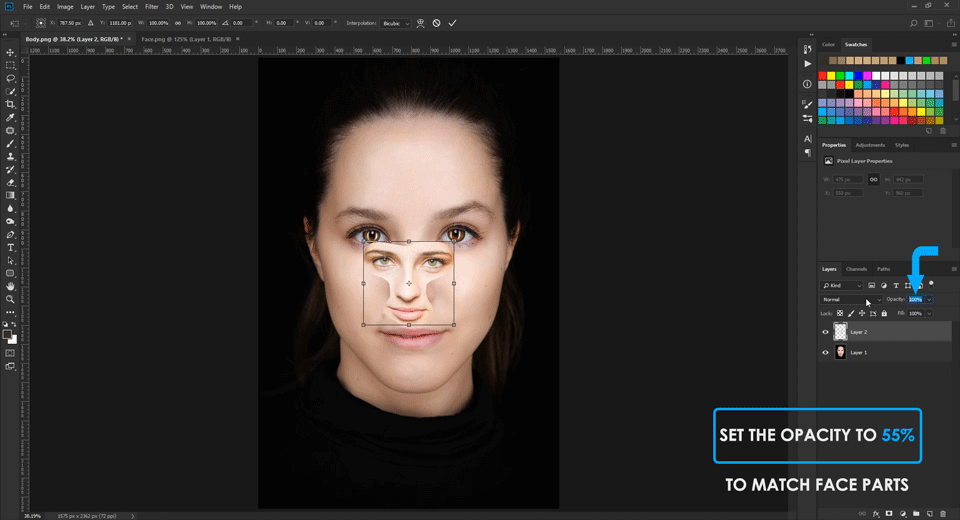 Reduce Opacity to Match Different Face Parts